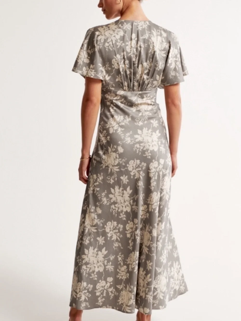 Abercrombie & Fitch Flutter Sleeve Satin Maxi Dress in Grey Floral Deep V Neck